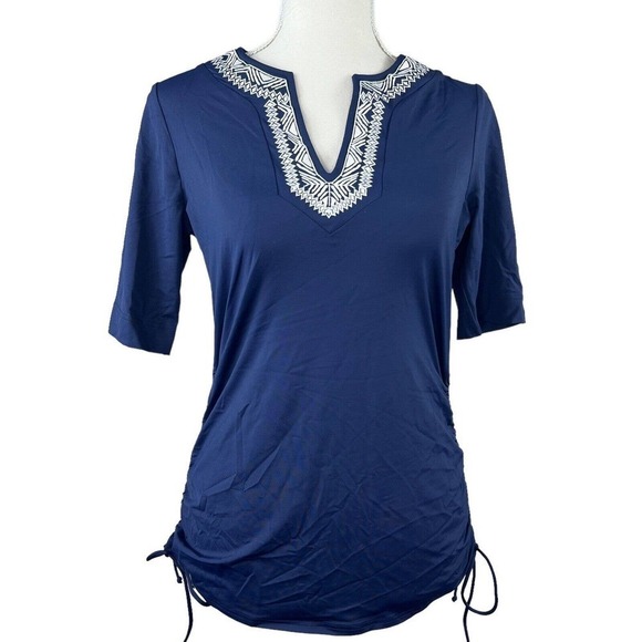 Lands’ End Navy Blue Grecian Swim Shirt Swimsuit XS/P 2-4 Embroidered - Picture 1 of 10